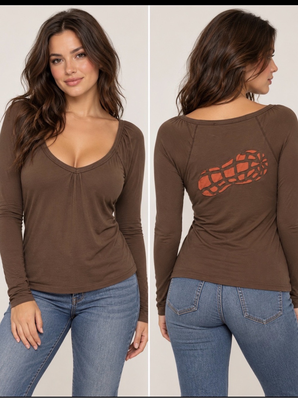 Kikiriki Long Sleeve Graphic on back peanut Top in Brown